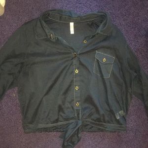 Tie front button up denim sheer top
